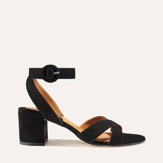 Margaux's classic City Sandal in black suede with comfortable straps and a walkable block heel