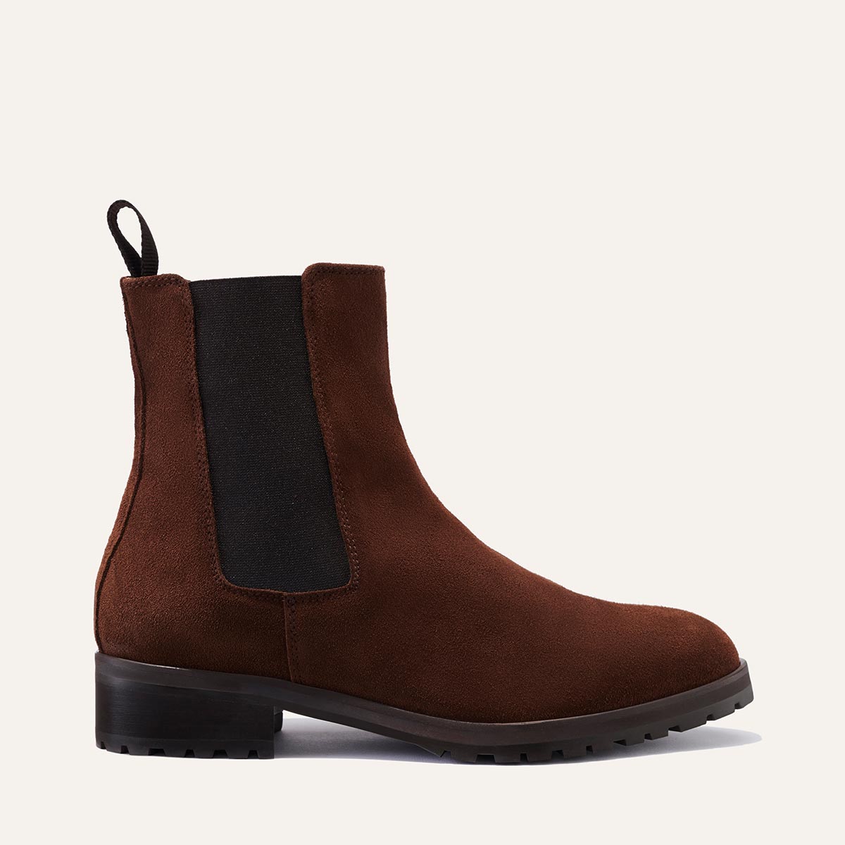 Margaux's Chelsea Boot in brown water-resistant suede with a rubber lug sole