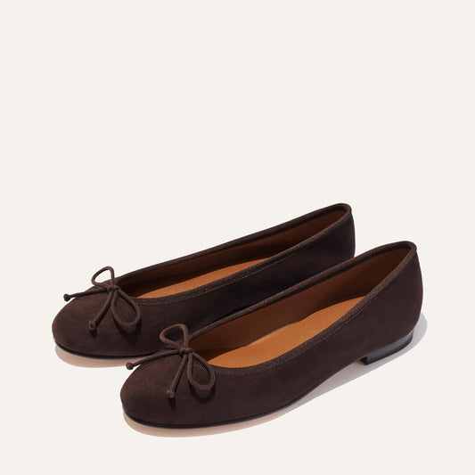 Margaux's classic and comfortable Demi ballet flat, made in a soft, brown Italian suede