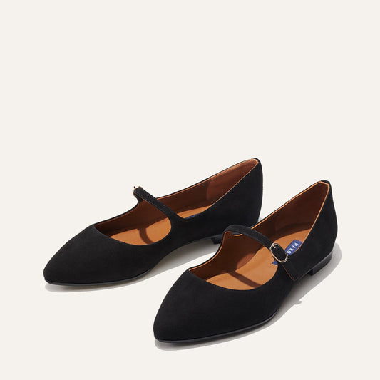 Margaux's classic and comfortable Mary Jane ballet flat, made in Spain from soft, black Italian suede