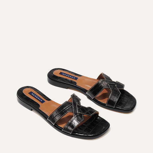Margaux's classic and comfortable MX Sandal, made in Spain from black croc-embossed Italian leather