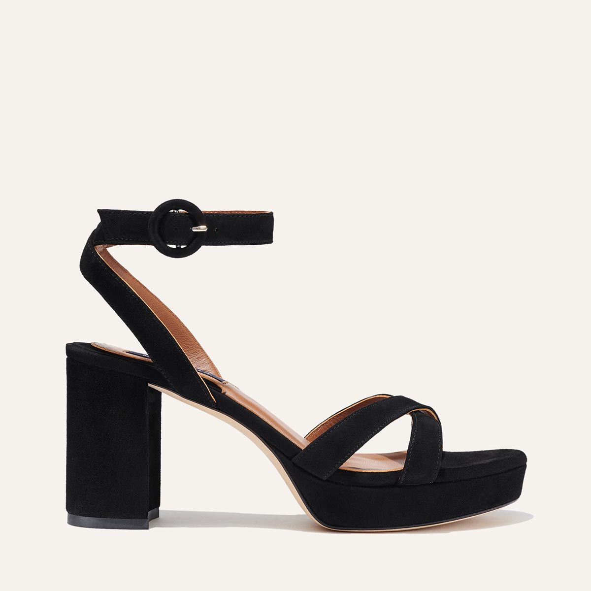Margaux's classic and comfortable Platform Sandal in black Italian suede with crossed straps and a walkable block heel