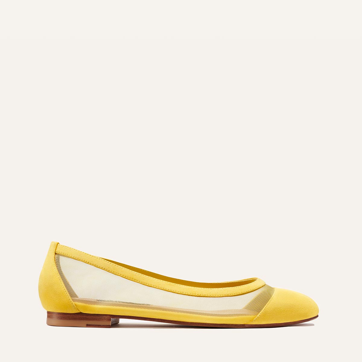 Margaux's classic and comfortable Pointe ballet flat in yellow suede and mesh with an elegant pointed toe