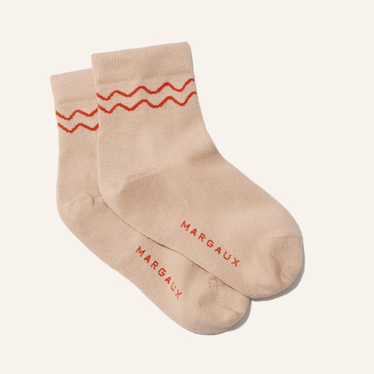 Margaux's Boot Sock in a tan cashmere-cotton blend, made for wear with boots
